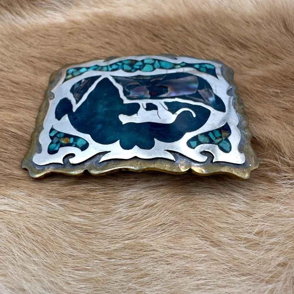 VTG Southwestern Panther Turquoise Abalone Chip Inlay Belt Buckle Mosaic Western